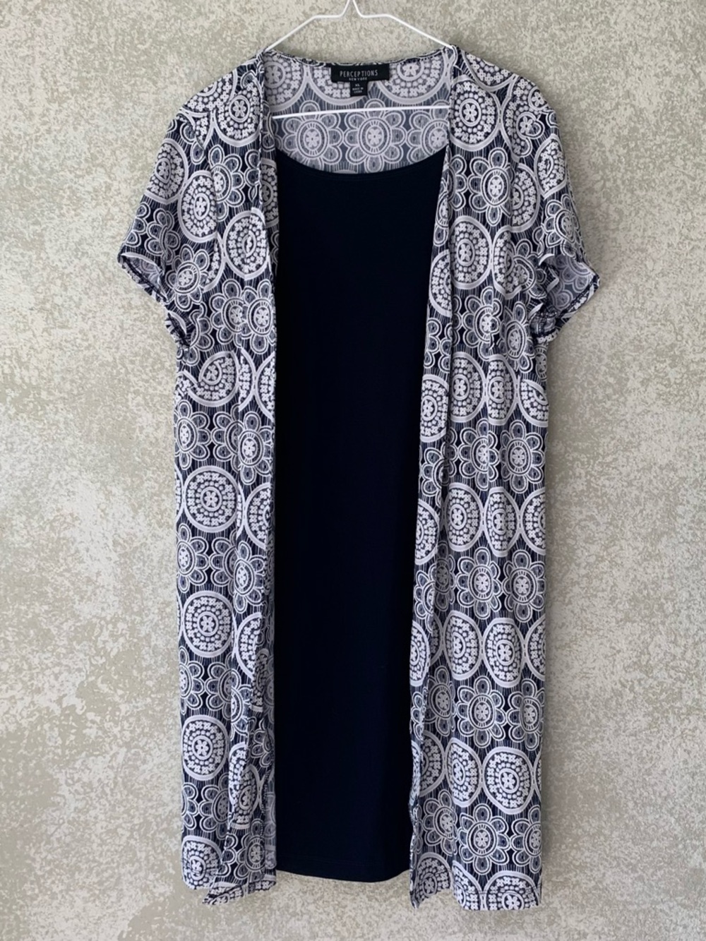 Perceptions‎ Black & Navy Blue Short Sleeve Patterned Overlay Tank Dress XL